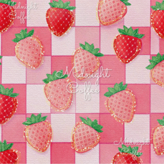 Pink gingham digital paper with glitter strawberry pattern, high-resolution printable background for crafts and design